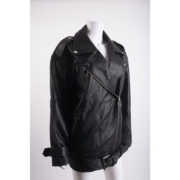 We Wore What Womens Black Oversized Biker Jacket Coat M Faux Leather Heavy - Picture 2 of 7